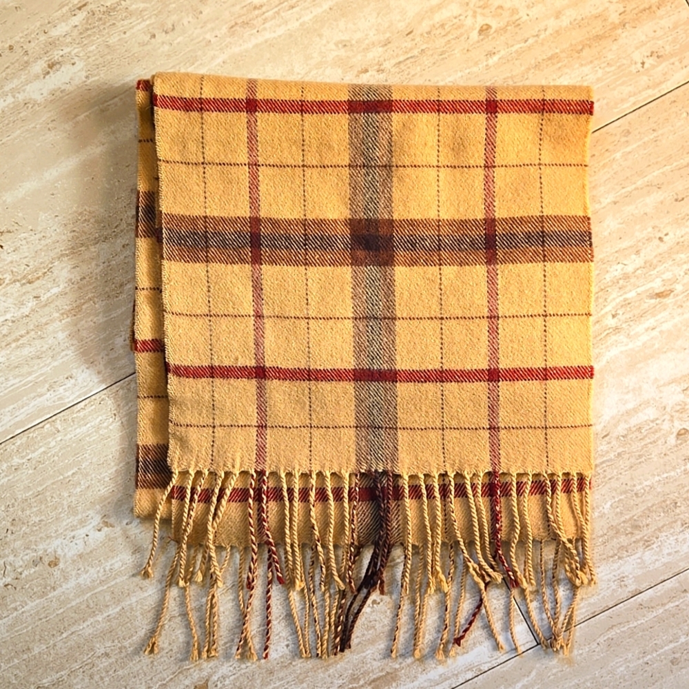 Longaberger Tan Plaid Fringed Vintage Scarf